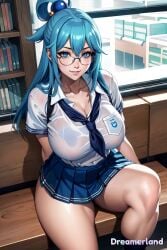 ai_generated angle anime anime_style aqua_(konosuba) aqua_eyes aqua_hair azure_eyes background bench big_breasts blue_eyes blue_hair blue_skirt bookshelf breasts breasts_visible_through_clothing candy_blue_hair choker clavicle cute eyewear female female_focus female_only focus from_above glasses hands_behind_back hd hd_(traditional) high_resolution highres horny horny_female huge_breasts human indoors kono_subarashii_sekai_ni_shukufuku_wo! large_breasts library lipstick long_hair looking_at_partner looking_at_viewer matching_hair/eyes megane miniskirt model navel pleated_skirt pose posing posing_for_picture posing_for_the_viewer school school_uniform schoolgirl schoolgirl_uniform shadow shiny_clothes shiny_hair shiny_skin short_sleeves sitting sitting_on_another sky4maleja smile soft_thighs thick_legs thick_thighs thighs waist wet wet_body wet_clothes wet_shirt white_shirt