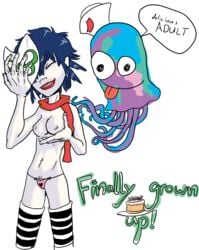 1girls asian birthday_cake breasts closed_eyes colored female gorillaz grown_up imaajfpstnfo lipstick makeup mask navel nipples noodle_(gorillaz) noodle_(plastic_beach) nude nudity panties pubic_hair scarf smiling superfast_jellyfish thighhighs topless