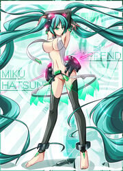 1girls aqua_eyes aqua_hair armpits arms_up barefoot blush breasts bunji censored convenient_censoring elbow_gloves female gloves hatsune_miku hatsune_miku_(append) hi_res legwear long_hair nail_polish navel open_mouth solo text tied_hair toes twintails very_long_hair vocaloid