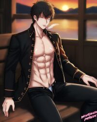 abs black_hair cigarette gintama hijikata_toshiro looking_at_viewer male male_only muscular muscular_male open_jacket open_pants pecs police_officer police_uniform pubic_hair_peek shinsengumi_(gintama) sitting smoking solo