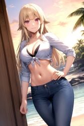 1girl ai_generated beach bikini black_bikini black_bra blonde_hair blue_pants blush bra breasts cleavage closed_mouth cloud collarbone collared_shirt cowboy_shot crop_top denim dutch_angle female front-tie_top gokukoku_no_brynhildr hand_on_own_hip jeans large_breasts long_hair long_sleeves looking_at_viewer midriff navel ocean outdoors palm_tree pants pixiv red_eyes rena_aikawa_(pixiv_user) shirt sky sleeves_rolled_up smile solo stable_diffusion standing stomach sunset swimsuit tachibana_mina_(gokukoku_no_brynhildr) tagme tied_shirt tree water white_shirt