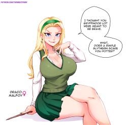 2023 big_breasts blonde_hair blue_eyes cleavage draco_malfoy earrings genderswap_(mtf) green_nails harry_potter rule_63 tagme themightfenek thick_thighs thighs unbuttoned_shirt