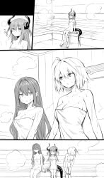 3girls arcueid_brunestud bad_id bad_twitter_id baobhan_sith_(fate) blush breasts commentary curled_horns dragon_girl dragon_horns dragon_tail elizabeth_bathory_(fate) elizabeth_bathory_(fate/extra_ccc) fate/extra fate/grand_order fate_(series) greyscale highres hirunagi horns large_breasts long_hair looking_at_viewer monochrome multiple_girls onsen pointy_ears short_hair sidelocks small_breasts solid_circle_eyes steam tail towel tsukihime