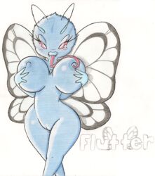 1girls anthro big_breasts blush breast_grab breast_lick breasts butterfree color exposed_breasts female female_only front_view hips legs long_tongue nintendo pokemon roy_mccloud solo thighs