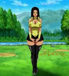 1girls 2022 big_ass big_breasts big_butt black_boots black_hair black_skirt dark-skinned_female dicasty dragon dragon_ball dragon_ball_super egyptian_female female female_focus female_only forest god_of_destruction green_eyes hat helles hi_res high_resolution highres lipstick looking_at_viewer nipple_bulge nipples_visible_through_clothing outdoors seductive shounen_jump thick_thighs thighs yellow_shirt