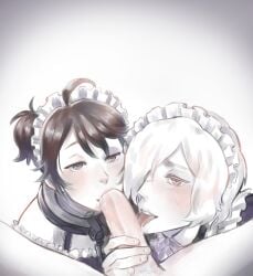 andrew_kreiss brown_hair cock_sucking cock_worship femboy green_eyes identity_v luca_balsa maid_headdress maid_outfit maid_uniform oral_sex pale_skin red_eyes two_boys white_hair yaoi