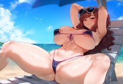 1girls ai_generated areola_slip beach beach_umbrella bikini blush breasts cameltoe d.va face_markings female female_only glistening gluteal_fold hands_behind_head highleg_panties large_breasts long_hair looking_at_viewer lounge_chair micro_bikini nipple_bulge nipples_visible_through_clothing overwatch overwatch_2 shiny_skin smirk solo spread_legs sunglasses sunglasses_on_head sweat sweatdrop swimsuit thiccwithaq_(ai_style) thick_thighs thighs tsunoko_(artist) water wide_hips