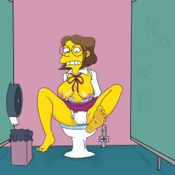 1girls 2020 abdl barefoot bathroom bondage bound_to_toilet brown_hair commission diaper digital_media_(artwork) elizabeth_hoover exposed_breasts feet female female_only glasses humiliation large_breasts lewdciferart the_simpsons toilet uncensored yellow_skin