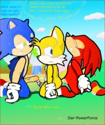 anthro canine cum dar-powerforce day echidna fox fur hedgehog kneeling knuckles_the_echidna male male_only mammal monotreme multiple_males outdoors sex side_view sonic_(series) sonic_the_hedgehog tagme tails text yaoi