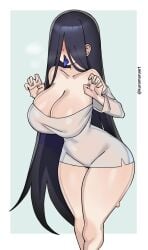 1girls asian asian_female black_hair breasts cleavage clothing dress female female_only good_artwork hair_over_eyes kuromaruart large_breasts legs_together light-skinned_female light_skin long_hair open_mouth solo the_ring thighs tongue tongue_out very_long_hair white_dress wide_hips yamamura_sadako