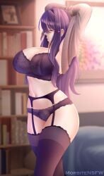 big_breasts doki_doki_literature_club female garter_belt garter_straps lingerie long_hair morbite panties purple_hair sole_female solo stockings thick_thighs undressing yuri_(doki_doki_literature_club)