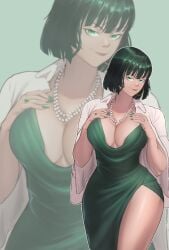 1girls asian asian_female breasts busty curvy dress dress_slit earrings fubuki_(one-punch_man) green_dress green_eyes green_fingernails green_hair hips hoop_earrings huge_breasts legs light-skinned_female light_skin necklace one-punch_man painted_fingernails pearl_necklace ring smiling thick_thighs thighs white_coat zukululuu