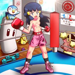 1girls ambiguous_gender angry beldum black_socks blue_hair boxing boxing_gloves boxing_ring boxing_shorts breasts buneary castform clock crossover darkshadow dawn_(pokemon) dumbbell flat_chest furry gloves human indoors light-skinned_female light_skin long_hair nintendo nipples open_mouth parody piplup pokemon pokemon_(species) red_boxing_gloves red_gloves rorretsim sandbag_(super_smash_bros.) shoes shorts small_breasts socks super_smash_bros. topless window