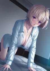 all_fours antenna_hair arcueid_brunestud blonde_hair blush breast_pocket breasts cleavage collared_shirt dated day female hanging_breasts indoors jewelry large_breasts long_sleeves looking_at_viewer miyai_sen naked_shirt no_bra on_bed open_clothes open_shirt pendant pocket red_eyes shirt short_hair single_hair_intake slit_pupils solo sweatdrop tsukihime tsukihime_(remake) unbuttoned unbuttoned_shirt white_shirt