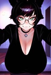 :3 ai_generated black_hair black_top cat_ears cleavage collarbone freckles gigantic_breasts glasses green_eyes hanging_breasts jingle_bell looking_at_viewer short_hair upper_body