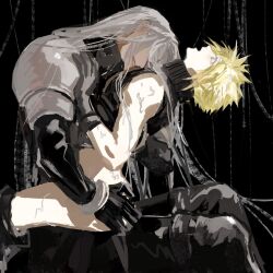 2boys ass ass_grab black_background blonde_hair blue_eyes blush bottomless cloud_strife color final_fantasy final_fantasy_vii gay gloves implied_sex long_hair looking_up male moyna no_visible_genitalia sephiroth silver_hair smirk spiky_hair square_enix twink yaoi