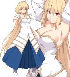 antenna_hair archetype_earth arcueid_brunestud armpits bare_shoulders blonde_hair blue_dress breasts cleavage collarbone commentary_request detached_sleeves dress female full_body hair_between_eyes large_breasts long_hair looking_at_viewer multiple_views navel princess_outfit red_eyes shiseki_hirame smile strapless strapless_dress tsukihime very_long_hair white_dress white_sleeves