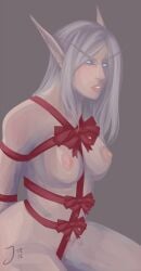 1girls barbell_piercing blizzard_entertainment gift_wrapped high_elf jinxii kneeling light-skinned_female light_skin nipple_piercing restrained solo vereesa_windrunner warcraft white_hair world_of_warcraft