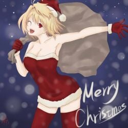 ;d akatsuki_(mp31097) alternate_costume antenna_hair arcueid_brunestud armpits blonde_hair blurry bokeh breasts christmas cleavage contrapposto depth_of_field dress female fur-trimmed_dress fur-trimmed_gloves fur_trim gloves hat highres large_breasts medium_hair merry_christmas one_eye_closed purple_background red_eyes red_gloves sack santa_costume santa_hat signature smile snow solo strapless teeth thighhighs thighs tongue tsukihime upper_teeth_only