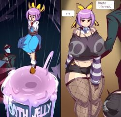 1boy 1girls before_and_after big_breasts breasts busty captain_kirb dialogue female fishnets ghost_trick goth goth_girl gothification gothified henchmen huge_breasts jelly kamila large_breasts post_transformation pre-transformation purple_hair restrained rope suit text thick_thighs transformation wide_hips