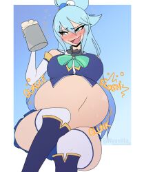 1girls 2022 aqua_(konosuba) beer belly_inflation bellybutton big_belly big_breasts bloated_belly blue_eyes blue_hair blush eatmorecake kono_subarashii_sekai_ni_shukufuku_wo! slosh solo solo_female stuffed_belly tagme thick_thighs