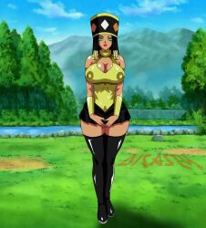 1girls 2022 big_ass big_breasts big_butt black_boots black_hair black_skirt dark-skinned_female dicasty dragon dragon_ball dragon_ball_super egyptian_female female female_focus female_only forest god_of_destruction green_eyes hat helles hi_res high_resolution highres lipstick long_boots looking_at_viewer nipple_bulge nipples_visible_through_clothing outdoors seductive shounen_jump thick_thighs thighs yellow_shirt