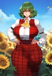 1girls ai_generated alternate_breast_size artstyle_imitation breasts female female_only floox green_hair high_resolution hips huge_breasts light-skinned_female light_skin red_eyes short_hair stable_diffusion thiccwithaq_(ai_style) thick_thighs thighs touhou wide_hips yuka_kazami