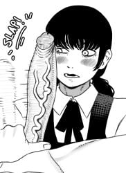 1female 1girls big_penis black_and_white black_hair blush chainsaw_man clothed_female_nude_male cock cock_slap cock_worship collared_shirt denji_(chainsaw_man) dick dick_on_face erection incinerated_art large_penis long_penis looking_at_penis mitaka_asa monochrome open_mouth parted_lips penis penis_awe penis_on_face ribbons slap slapping_with_penis teeth teeth_showing tied_hair uncensored vein veins veiny veiny_penis white_background