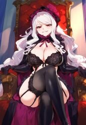 ai_generated black_bra cape female gloves large_breasts long_hair overlord_(maruyama) red_eyes shalltear_bloodfallen sitting solo stockings tagme thick_thighs thighhighs truck_kun white_hair