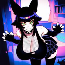 :3 ai_generated arcadiasofka belt bent_over black_hair black_shirt cat_ears chains claw_pose cleavage crop_top fingerless_gloves freckles gigantic_breasts green_eyes hanging_breasts miniskirt skirt spiked_collar thighhighs