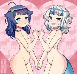 2girls areolae blue_eyes blue_hair breasts completely_nude detailed_background female female_focus female_only flat_chest gawr_gura gills hand_holding hololive hololive_english hololive_myth indie_virtual_youtuber looking_at_viewer megasweet midriff multiple_girls navel selfcest senzawa smile stomach tagme tail teeth virtual_youtuber white_hair