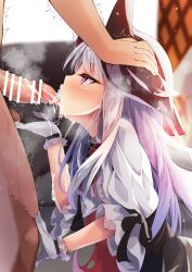 1boy 1girls after_fellatio azur_lane bangs bar_censor black_ribbon blush cape caressing_testicles censored cum cum_in_mouth cum_on_hands cumdrip dress erebus_(azur_lane) eyebrows_visible_through_hair female floor frilled_dress frills gloves hand_on_another's_head heart heart-shaped_pupils highres light-skinned_female light-skinned_male light_skin long_hair madotsukumo oral penis red_eyes ribbon royal_navy_(azur_lane) saliva sidelocks silver_hair solo_focus steam symbol-shaped_pupils testicles thick_eyelashes tongue trembling very_long_hair