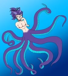 arm_under_breasts bandage_on_nose blue_highlights breasts choker female melody_(projektmelody) monster_girl navel nude octopus_girl pink_highlights ponytail projektmelody purple_hair purple_tentacles raised_eyebrow scylla smile solo tentacle tentacle_girl underwater virtual_youtuber vshojo