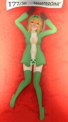 1girls bed blush blush cleavage creeper cupa hoodie laying laying_down laying_on_back laying_on_bed minecraft mob_talker nervous nervous_smile orange_eyes orange_hair panties pigmasteroink socks unzipped white_body white_skin