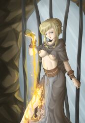 anastacia_of_astora blonde_hair blue_eyes breasts_out burning capelet cell dark_souls estus_flask female female_only fire flames fromsoftware fur_trim hair_bun jail jail_cell loierium medium_breasts pouring_on_self shawl solo underboob wrist_cuffs