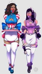 2girls america_chavez angry_face best_friends bondage dark-skinned_female dark_skin female_only gag hispanic humiliation kate_bishop latina maid maid_uniform marvel miss_america mouth_gag pumpkinpinup serving_tray stockings superheroine tagme young_avengers