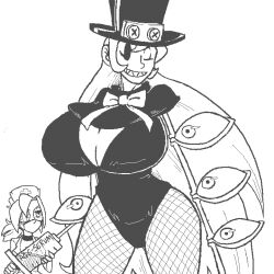 2girls aged_up big_breasts bow breasts cleavage cyborg fishnets hat huge_breasts leotard long_hair mindwipe mob_face peacock_(skullgirls) sharp_teeth skullgirls thick_thighs top_hat valentine_(skullgirls) wink