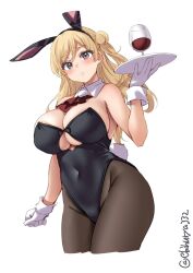 alcohol alternate_costume animal_ears black_leotard blonde_hair braid breasts cleavage clenched_hand covered_navel cowboy_shot cup detached_collar drink drinking_glass ebifurya fake_animal_ears fake_tail female french_braid gloves highres kantai_collection large_breasts leotard long_hair open_mouth pantyhose playboy_bunny purple_eyes rabbit_ears rabbit_tail solo strapless strapless_leotard tail tray twitter_username waitress wavy_hair white_background white_gloves wine wrist_cuffs zara_(kantai_collection)