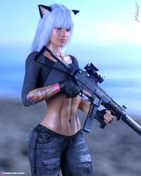 1girls 2021 3d abs alternate_version_available arm_tattoo bare_midriff cat_ears catgirl clothed clothing depth_of_field female female_only fingerless_gloves gloves gray_hair grey_hair gun holding_gun holding_object holding_rifle holding_weapon jeans long_hair necklace original original_character outdoor outdoors outside pinup rifle slushe_(website) solo solo_female standing str4hl tattoo white_hair wide_hips