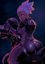 2d ass biker_clothes blue_eyes bodysuit cyborg dark-skinned_female dark_skin dreadlocks helmet helmet_removed motorcycle night on_motorcycle overwatch overwatch_2 sexgazer skin_tight sojourn_(overwatch) white_hair