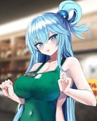 1girls absurd_res adamant369 apron aqua_(konosuba) blue_eyes blue_hair breasts cafe cleavage female female_only hanasaka_houcha hi_res kono_subarashii_sekai_ni_shukufuku_wo! large_breasts looking_at_viewer naked_apron solo