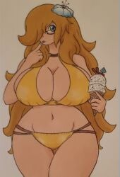 big_breasts bikini cleavage collar glasses ice_cream jumneyarts licking_fingers light_brown_hair rosajon