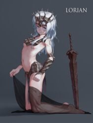 armor barefoot blue_eyes crown dark_souls dark_souls_3 female female_only fromsoftware full_body genderswap_(mtf) headgear kneeling long_hair looking_at_viewer lorian_elder_prince pelvic_curtain princehan073 revealing_clothes rule_63 small_breasts solo sword tabard weapon white_hair