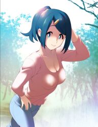 1girls blue_eyes blue_hair breasts clothed e_keroron female female_only lana's_mother_(pokemon) looking_at_viewer mature mature_female milf mob_face nintendo nipples pokemon pokemon_sm solo tied_hair