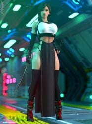 1girls 2021 3d abs black_hair black_thighhighs depth_of_field earrings elbow_gloves fanart female female_only final_fantasy final_fantasy_vii final_fantasy_vii_remake gloves holding_katana holding_object holding_sword holding_weapon indoors katana large_breasts looking_at_viewer narrow_waist pelvic_curtain slushe_(website) solo standing str4hl sword thighhighs tifa_lockhart