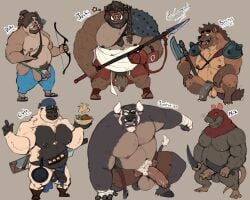 2020s 2022 anthro ape axe balls belly big_belly bovid bovine bow_(weapon) cattle eye_patch eyewear genitals gorilla group haplorhine hi_res humanoid_genitalia humanoid_hands humanoid_penis hyaenid male male_only mammal melee_weapon moobs murid murine musclegut nipples overweight overweight_male penis primate pure_command ranged_weapon rat rodent suid suina sus_(pig) weapon wild_boar