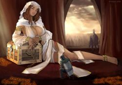 anderb anklet auburn_hair barefoot big_breasts brown_hair cleavage closed_eyes dark_souls detached_sleeves feet female female_focus fromsoftware full_body giantess goddess gold_(metal) gold_jewelry jewelry lace_trim larger_female male on_side queen_of_sunlight_gwynevere reclining sideboob silver_knight_(dark_souls) size_difference smaller_male solaire_of_astora veil