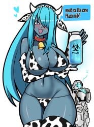 1girls big_breasts bikini blue_hair blue_milk blue_skin blush cleavage cow_bikini cow_girl cow_horns dark_samus english_text federation_marine iriomote_umineko metroid metroid_prime milk solo sweat tagme thick_thighs voluptuous wet wide_hips zero_suit_dark_samus