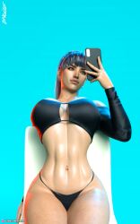 1girls 2021 3d abs black_hair cyan_background earrings female female_only front_view huge_breasts kasta_(str4hl) long_hair narrow_waist navel_piercing original original_character seated sitting slushe_(website) smartphone solid_color_background solo solo_female str4hl wide_hips