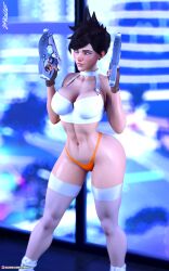 1girls 2022 3d abs alternate_version_available blizzard_entertainment clothed clothing depth_of_field fanart female female_only holding_gun holding_object holding_weapon indoors large_breasts overwatch panties slushe_(website) solo solo_female standing str4hl stylized thighhighs tracer window